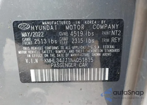 2022 Hyundai Sonata Hybrid Sel z USA, uszkodzony, nr VIN KMHL34JJ1NA051815